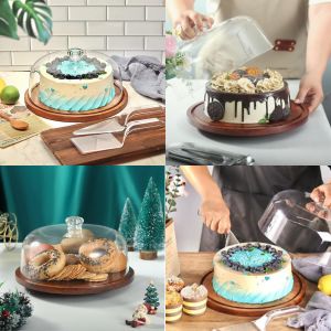 Rustic Wooden Cake Platter with Transparent Acrylic Dome | Ideal for Cupcakes, Pastries, Cheesecakes & Round Cakes | Elegant Table Display