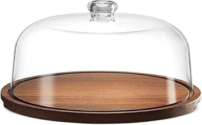 Rustic Wooden Cake Platter with Transparent Acrylic Dome | Ideal for Cupcakes, Pastries, Cheesecakes & Round Cakes | Elegant Table Display