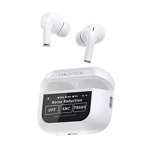 Candytech AirSpace Screen TWS Earbuds with Smart Touch Display, 32dB Hybrid ANC, Quad Mic ENC, Bluetooth 5.4, Transparency & Custom EQ, Type-C Fast Charging, Find My Earbuds (White)