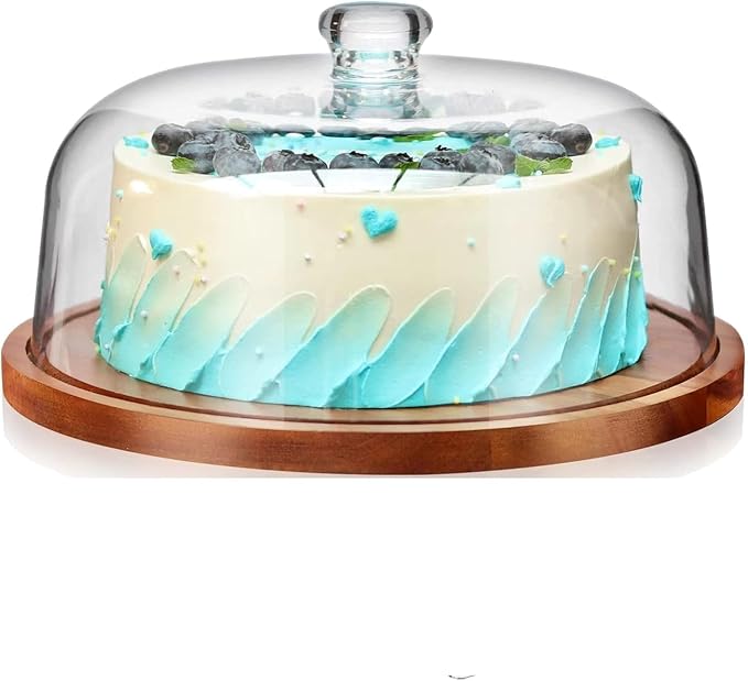 Rustic Wooden Cake Platter with Transparent Acrylic Dome | Ideal for Cupcakes, Pastries, Cheesecakes & Round Cakes | Elegant Table Display