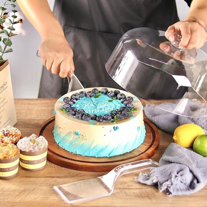 Rustic Wooden Cake Platter with Transparent Acrylic Dome | Ideal for Cupcakes, Pastries, Cheesecakes & Round Cakes | Elegant Table Display